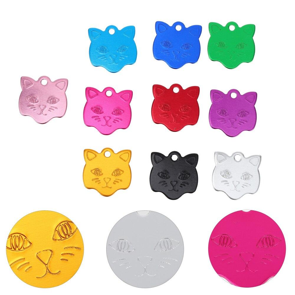 Set of 10 personalized pet ID tags in cat head shape, made of aluminum, showcasing vibrant colors and customizable engraving options.